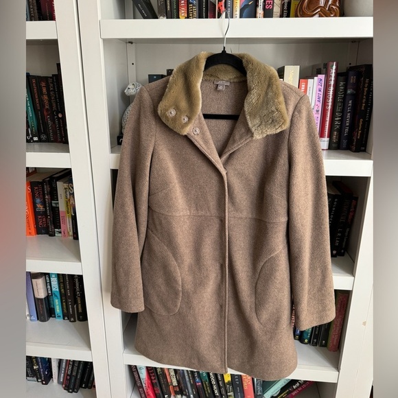 J Jill tan fleece fur collar romantic jacket pea coat retro vintage - Picture 1 of 6